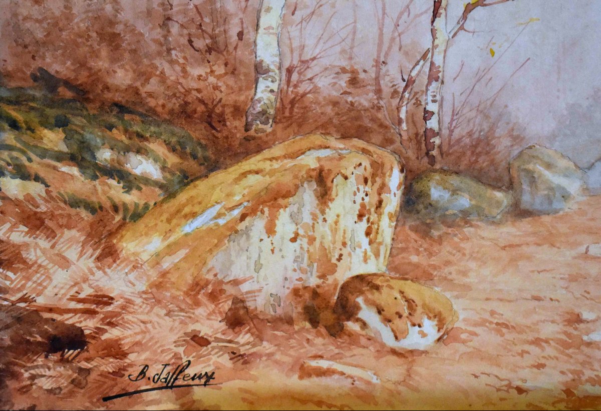 Jean Baptiste Jaffeux ( 1906-1982), école De Murol , Paire d'Aquarelles , paysage d'un  Sous Bo-photo-1
