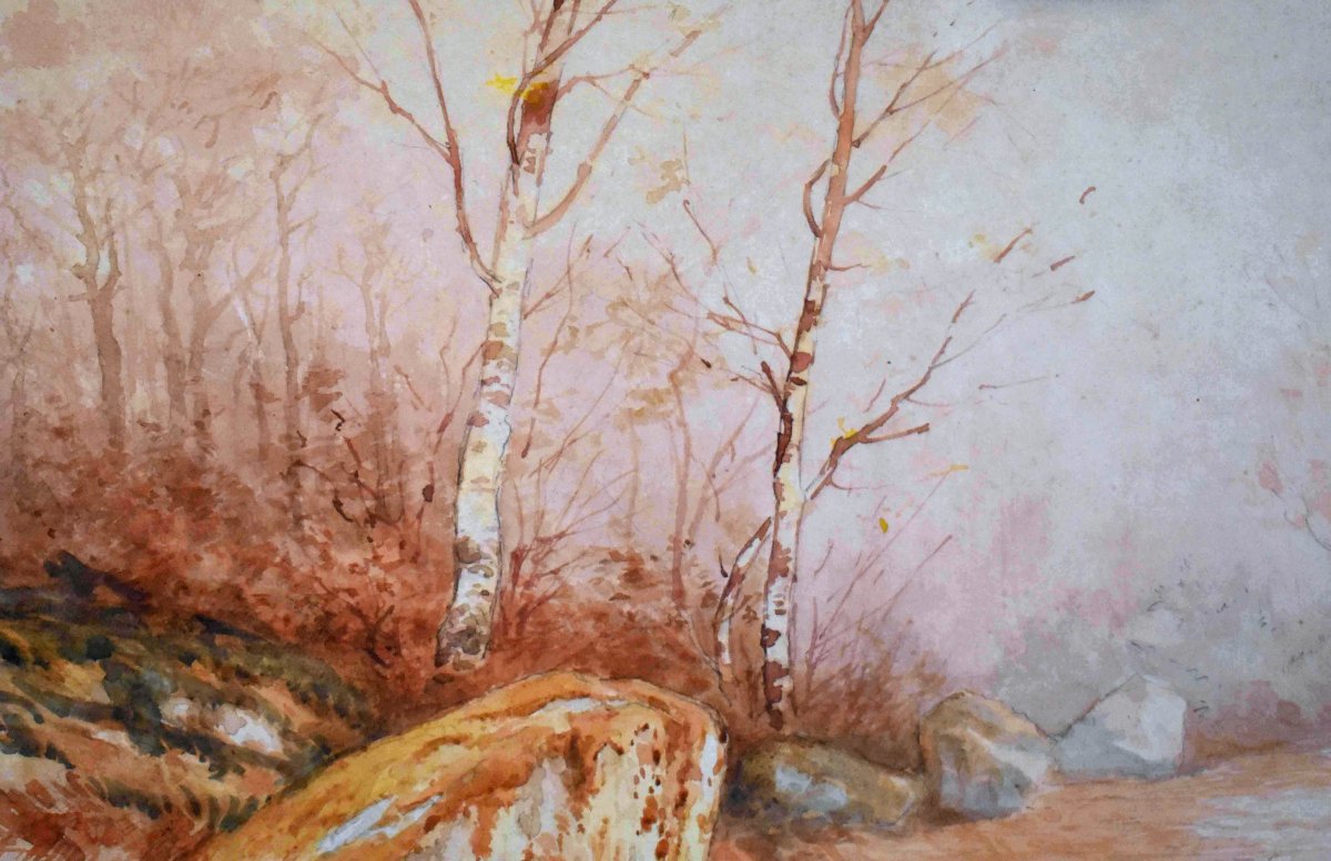 Jean Baptiste Jaffeux ( 1906-1982), école De Murol , Paire d'Aquarelles , paysage d'un  Sous Bo-photo-2
