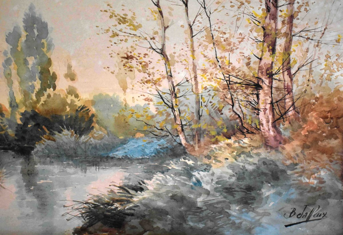 Jean Baptiste Jaffeux ( 1906-1982), école De Murol , Paire d'Aquarelles , paysage d'un  Sous Bo-photo-4