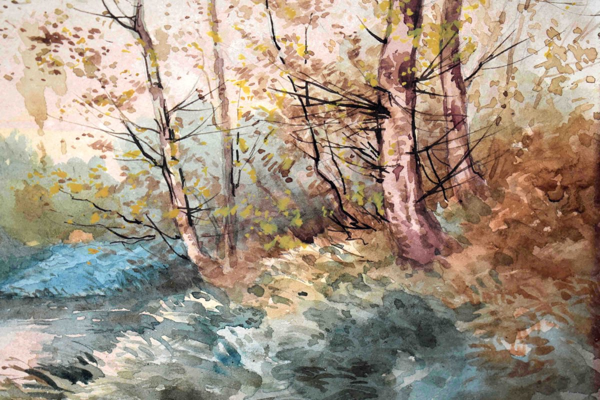 Jean Baptiste Jaffeux ( 1906-1982), école De Murol , Paire d'Aquarelles , paysage d'un  Sous Bo-photo-7
