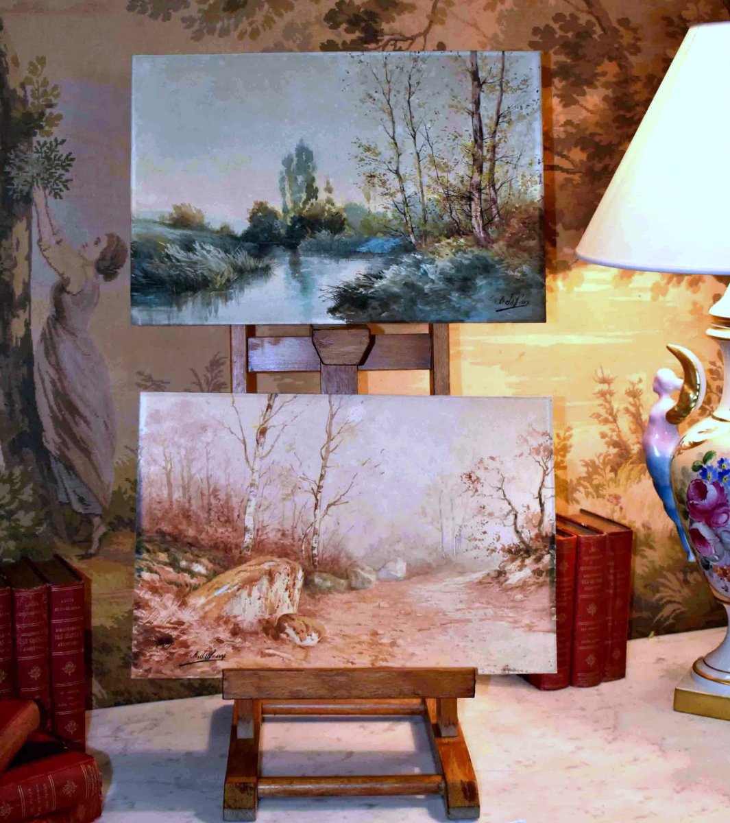 Jean Baptiste Jaffeux ( 1906-1982), école De Murol , Paire d'Aquarelles , paysage d'un  Sous Bo