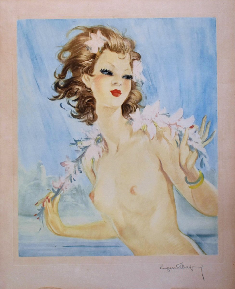 "elegant," A Lithograph By Eugene Leliepvre Depicting A Young Woman With Bare Breasts, For "naked Elegance"-photo-2