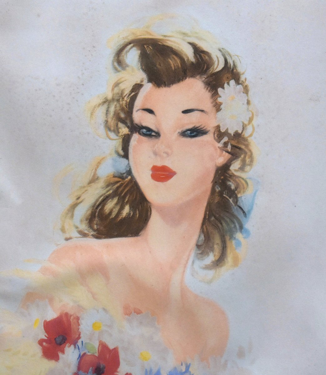 Large Lithograph By Eugène Leliepvre, Portrait Of An Elegant Young Woman Holding A Bouquet -photo-2