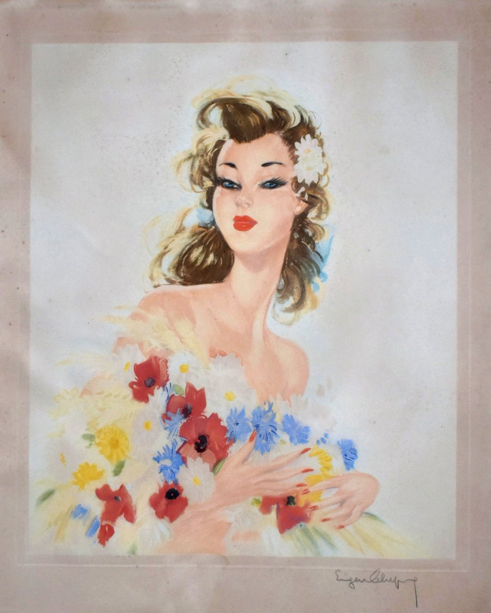 Large Lithograph By Eugène Leliepvre, Portrait Of An Elegant Young Woman Holding A Bouquet -photo-3
