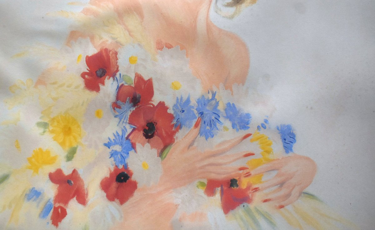 Large Lithograph By Eugène Leliepvre, Portrait Of An Elegant Young Woman Holding A Bouquet -photo-1