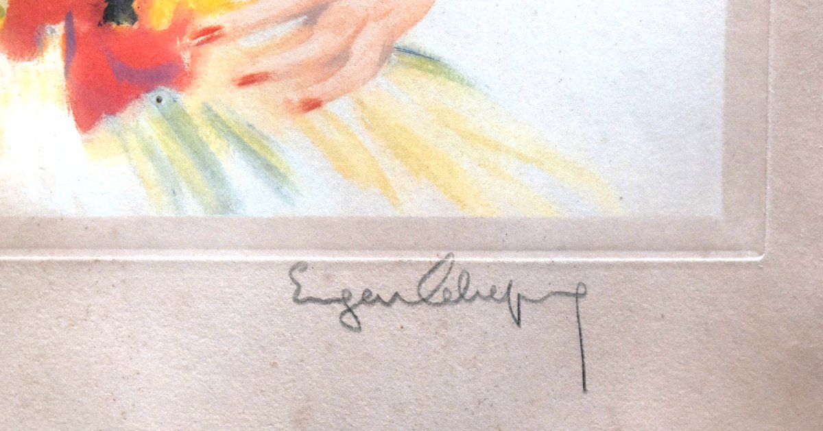 Large Lithograph By Eugène Leliepvre, Portrait Of An Elegant Young Woman Holding A Bouquet -photo-2