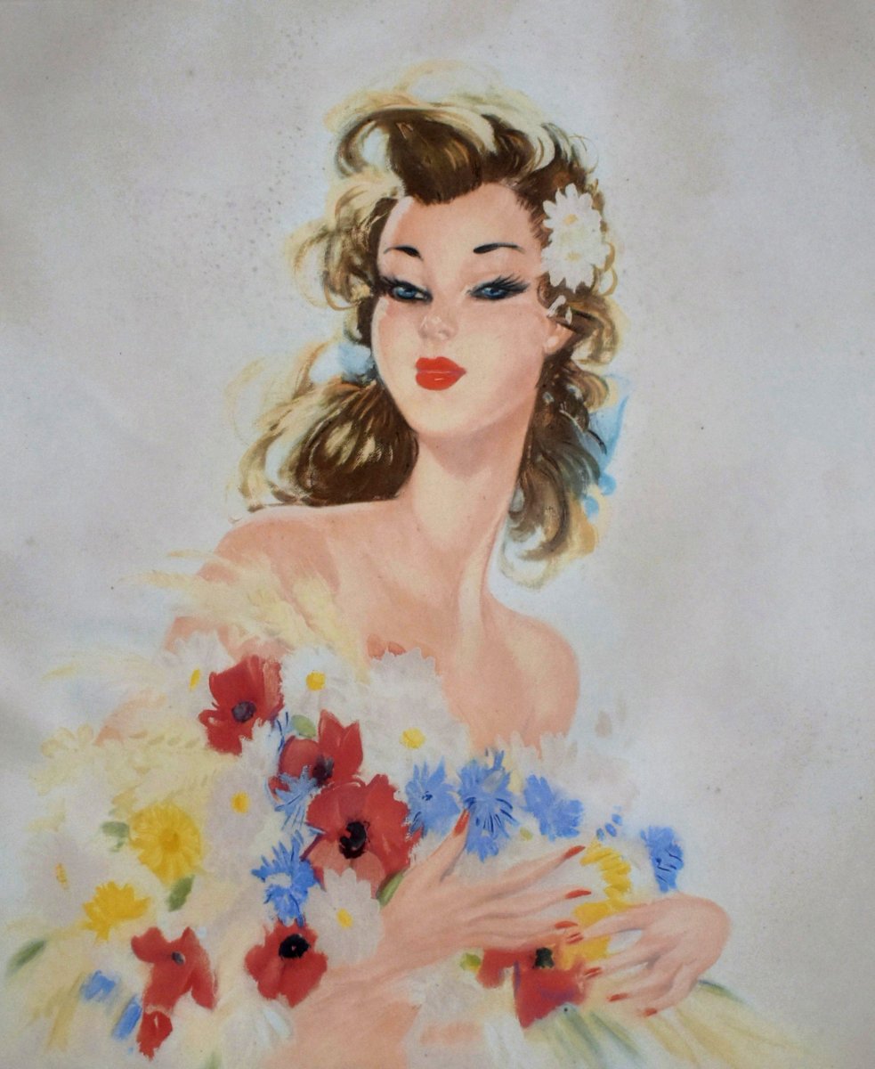 Large Lithograph By Eugène Leliepvre, Portrait Of An Elegant Young Woman Holding A Bouquet 
