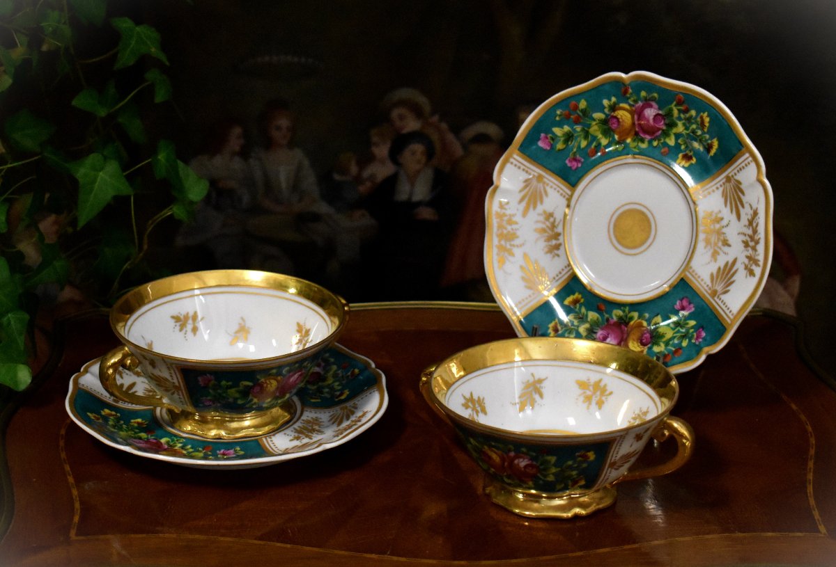 Paire De grandes Tasses En  Porcelaine De Limoges pour Bouillon , Chocolat Etc.. peint  main-photo-4