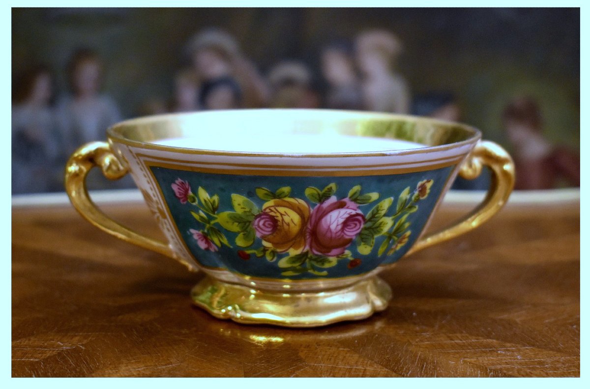 Paire De grandes Tasses En  Porcelaine De Limoges pour Bouillon , Chocolat Etc.. peint  main-photo-5