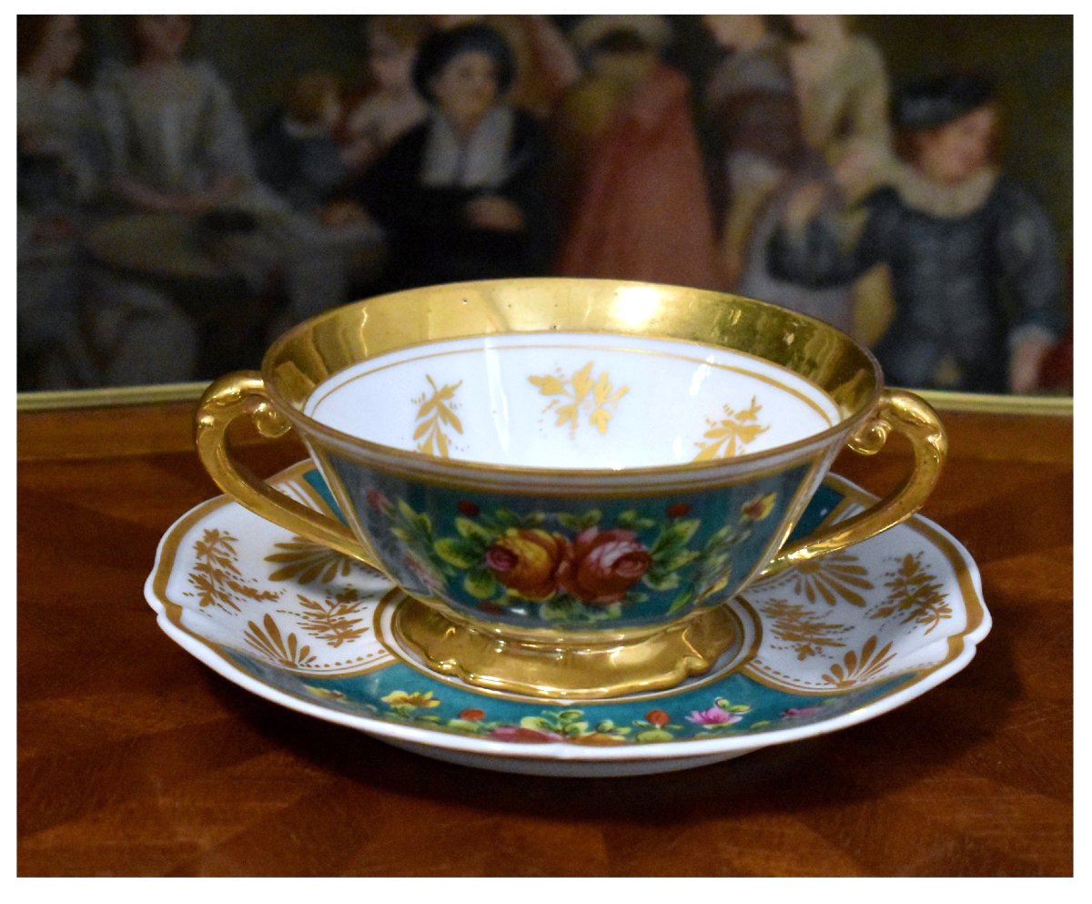 Paire De grandes Tasses En  Porcelaine De Limoges pour Bouillon , Chocolat Etc.. peint  main-photo-6