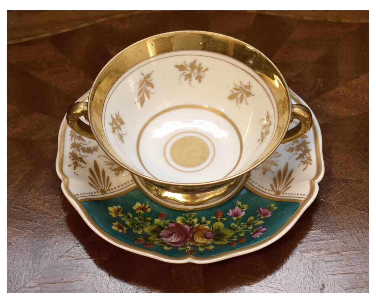 Paire De grandes Tasses En  Porcelaine De Limoges pour Bouillon , Chocolat Etc.. peint  main-photo-7