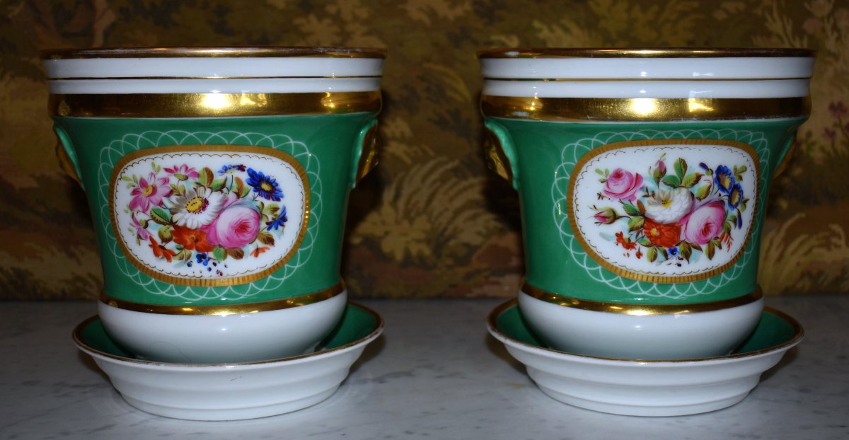 Paire De Cache Pots avec  Soucoupes, décor floral, bouquets de fleurs peints à la main, XIXe -photo-2