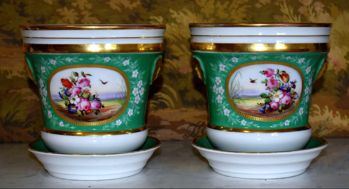 Paire De Cache Pots avec  Soucoupes, décor floral, bouquets de fleurs peints à la main, XIXe -photo-3