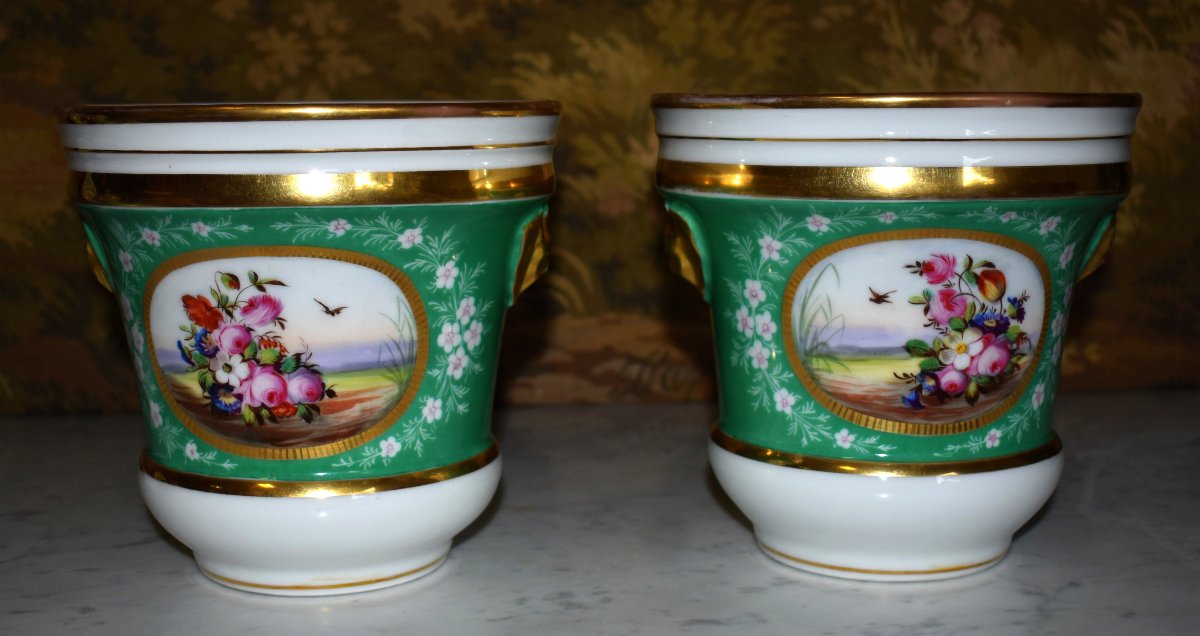 Paire De Cache Pots avec  Soucoupes, décor floral, bouquets de fleurs peints à la main, XIXe -photo-4