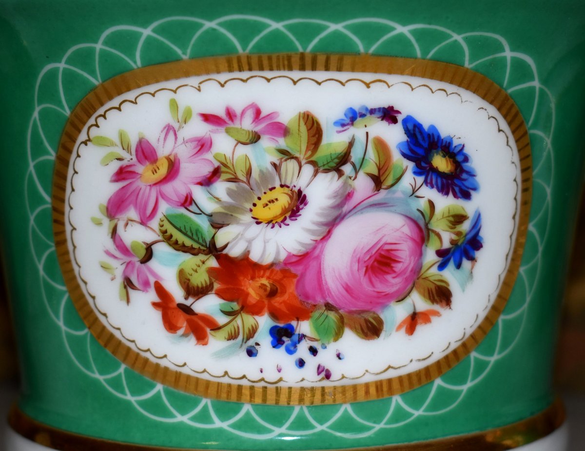 Paire De Cache Pots avec  Soucoupes, décor floral, bouquets de fleurs peints à la main, XIXe -photo-3
