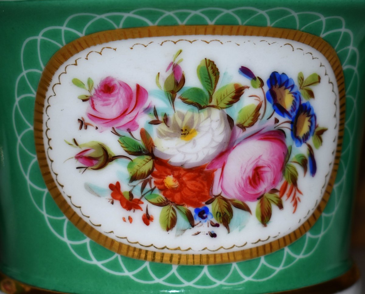 Paire De Cache Pots avec  Soucoupes, décor floral, bouquets de fleurs peints à la main, XIXe -photo-4