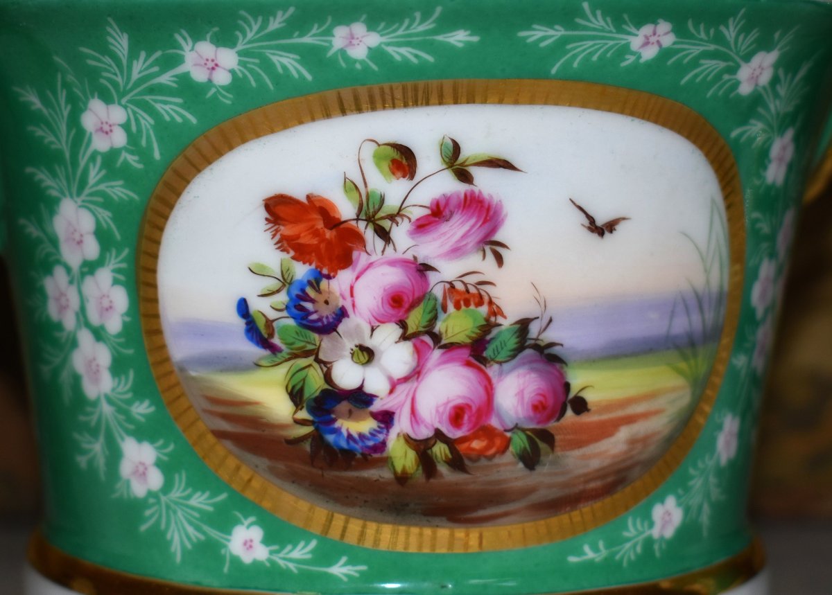 Paire De Cache Pots avec  Soucoupes, décor floral, bouquets de fleurs peints à la main, XIXe -photo-5