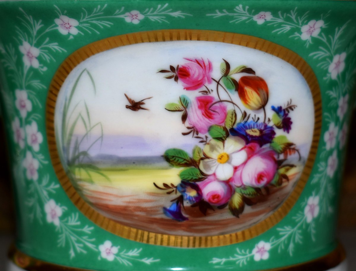 Paire De Cache Pots avec  Soucoupes, décor floral, bouquets de fleurs peints à la main, XIXe -photo-6
