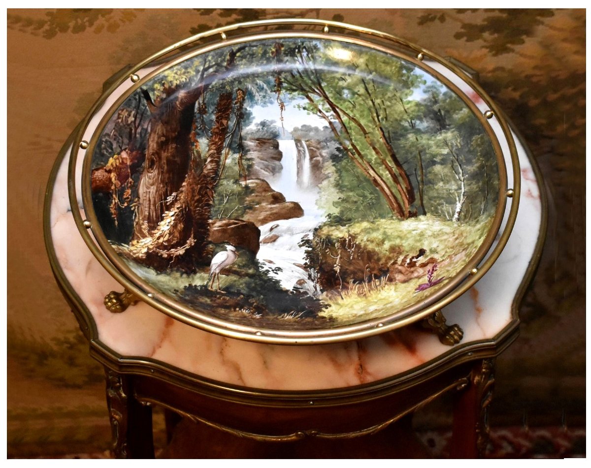 Large Hand-painted Landscape-themed Decorative Bowl, Porcelain Centerpiece, Dish Mounted On A Base -photo-3