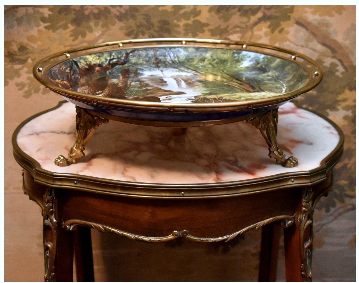 Large Hand-painted Landscape-themed Decorative Bowl, Porcelain Centerpiece, Dish Mounted On A Base -photo-4