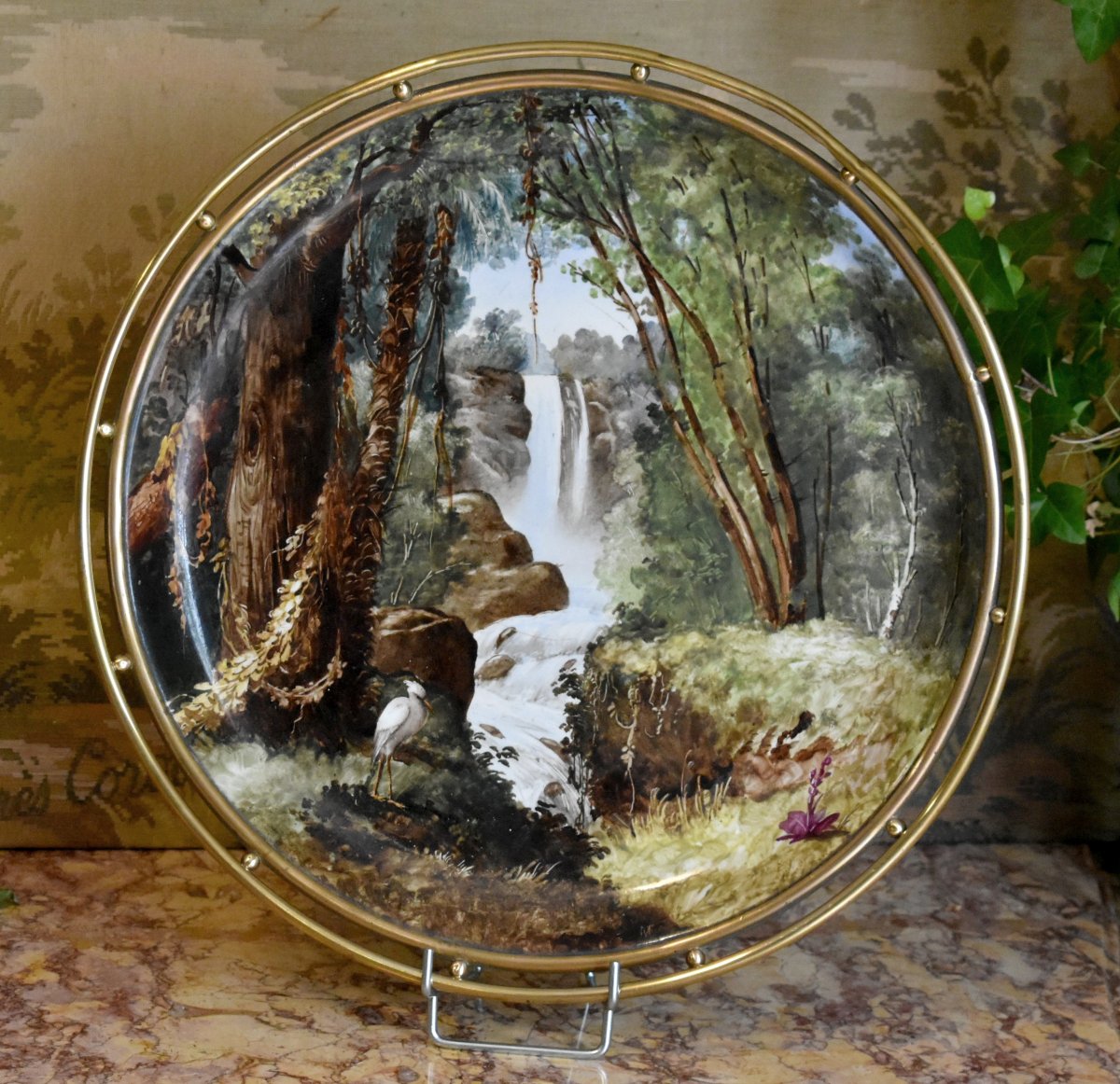 Large Hand-painted Landscape-themed Decorative Bowl, Porcelain Centerpiece, Dish Mounted On A Base -photo-1