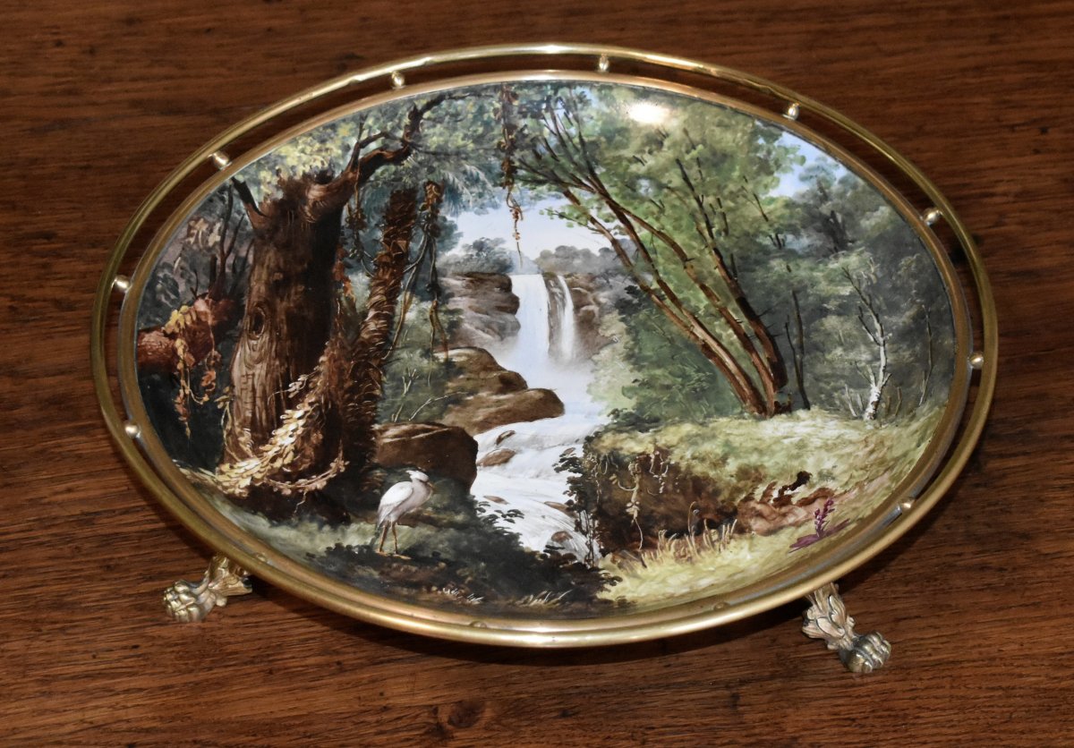 Large Hand-painted Landscape-themed Decorative Bowl, Porcelain Centerpiece, Dish Mounted On A Base -photo-2