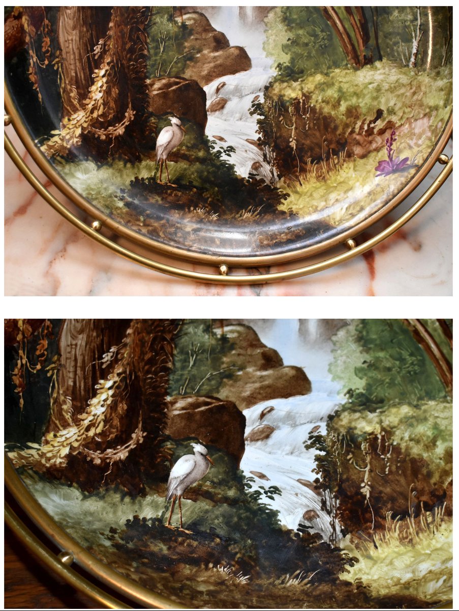 Large Hand-painted Landscape-themed Decorative Bowl, Porcelain Centerpiece, Dish Mounted On A Base -photo-4