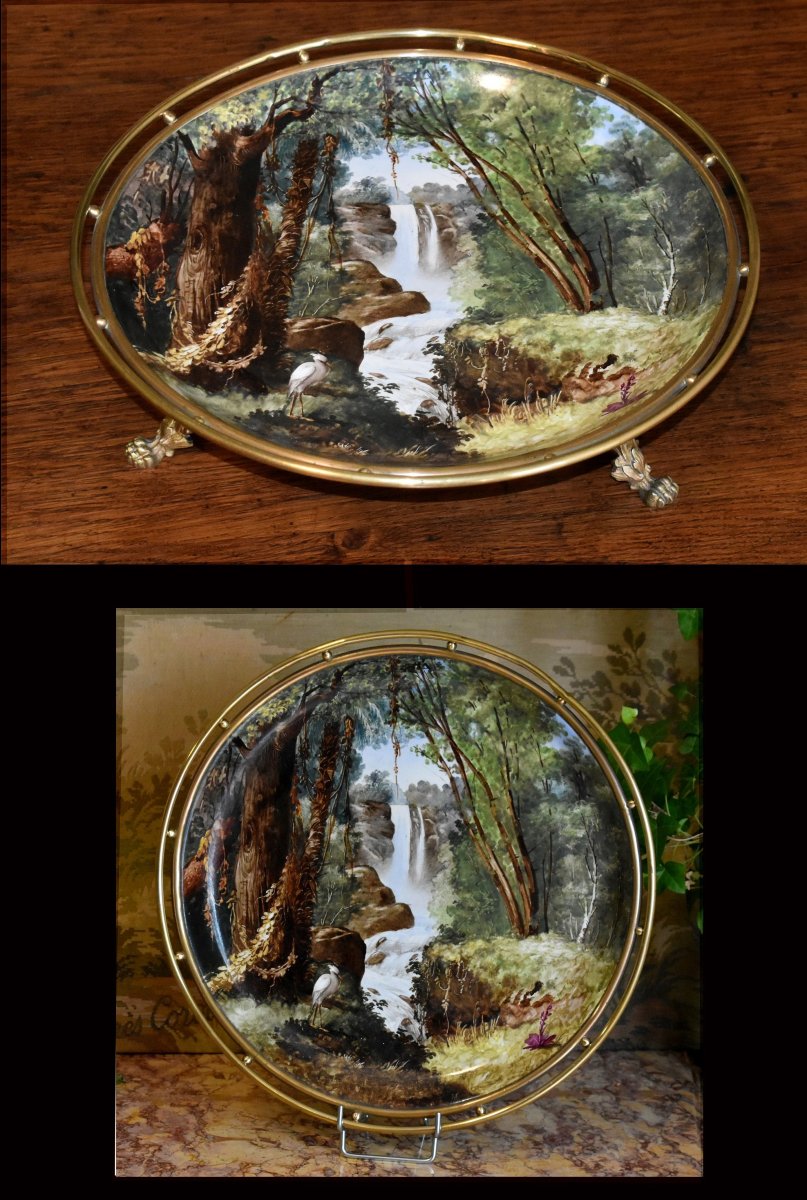 Large Hand-painted Landscape-themed Decorative Bowl, Porcelain Centerpiece, Dish Mounted On A Base 