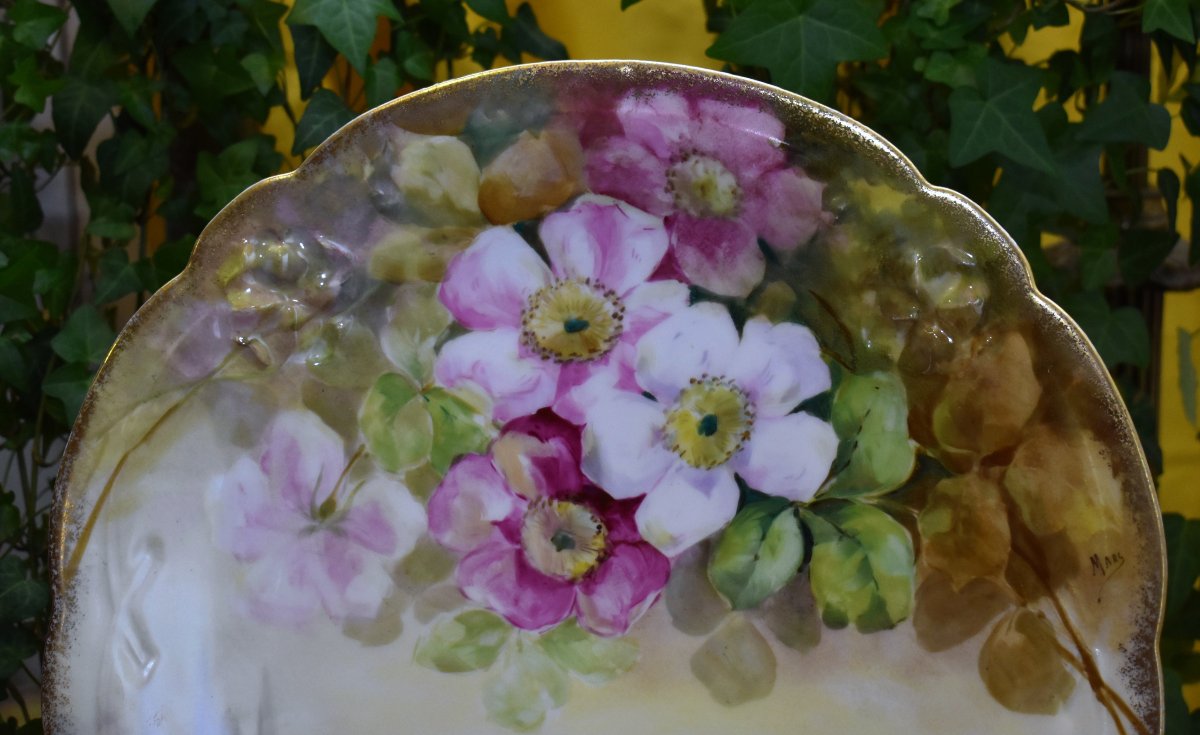 Large Hand-painted Plate, Limoges Porcelain, Bernardaud Manufactory, Landscapes And Flowers-photo-3