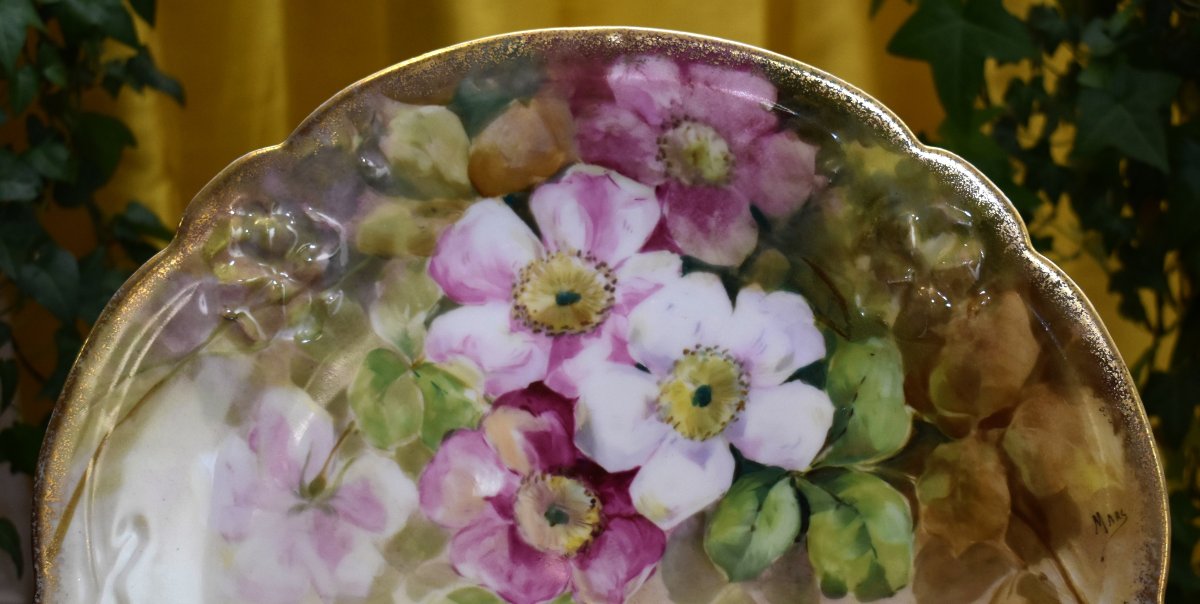 Large Hand-painted Plate, Limoges Porcelain, Bernardaud Manufactory, Landscapes And Flowers-photo-4