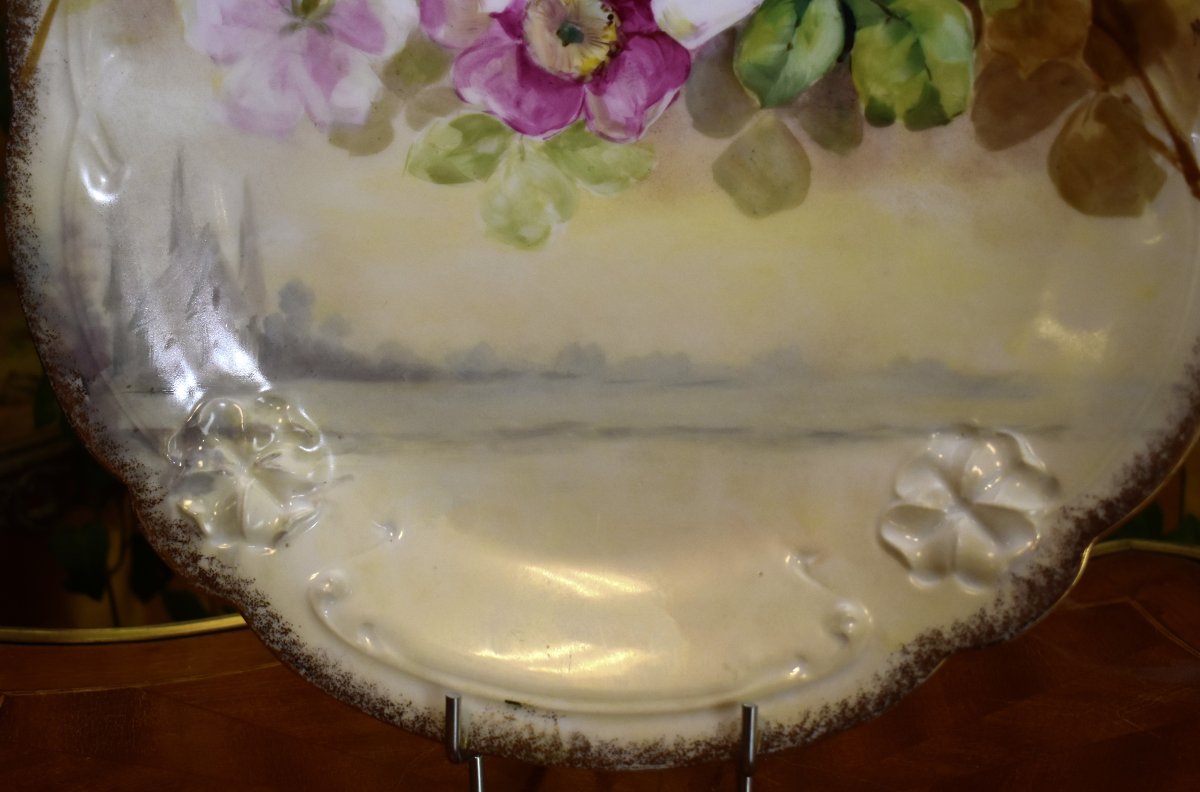 Large Hand-painted Plate, Limoges Porcelain, Bernardaud Manufactory, Landscapes And Flowers-photo-2