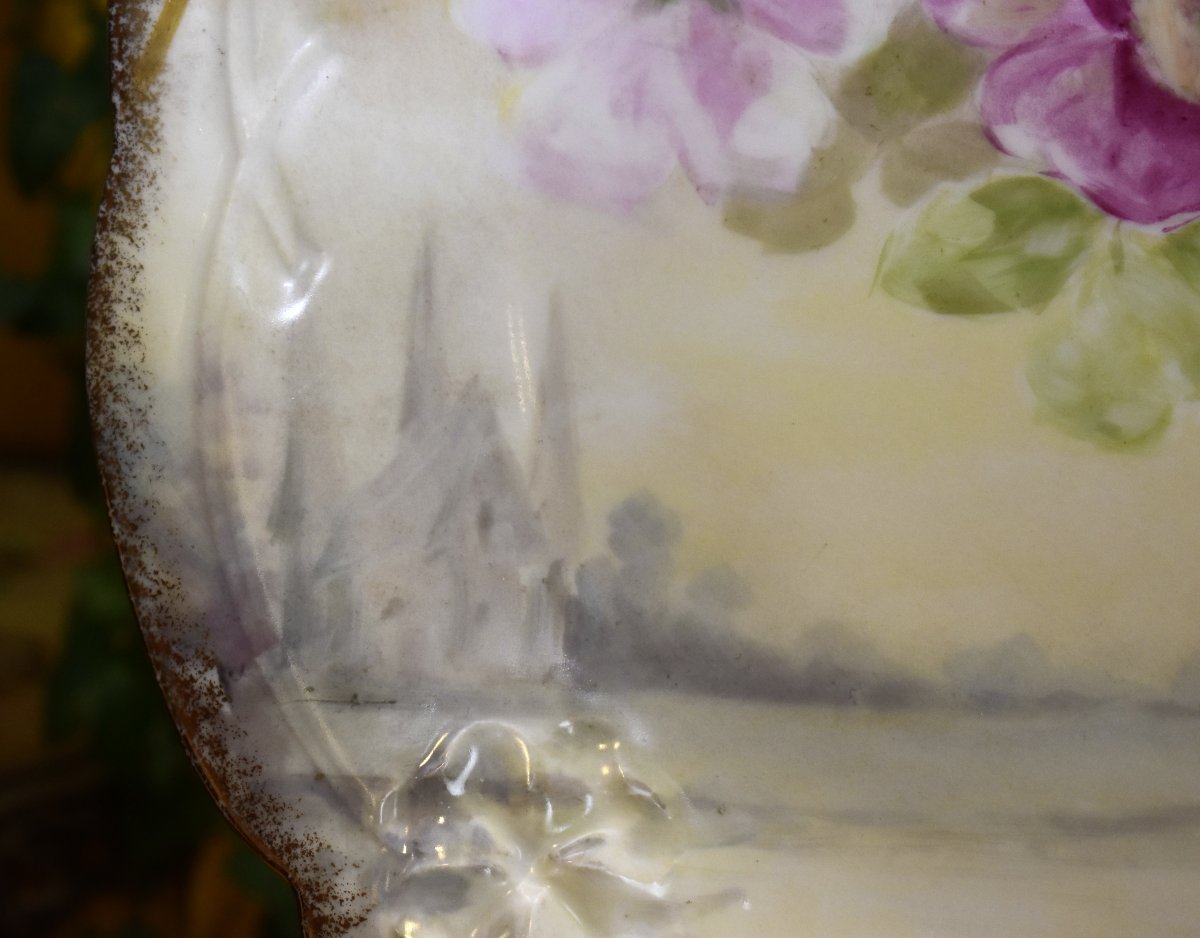 Large Hand-painted Plate, Limoges Porcelain, Bernardaud Manufactory, Landscapes And Flowers-photo-4