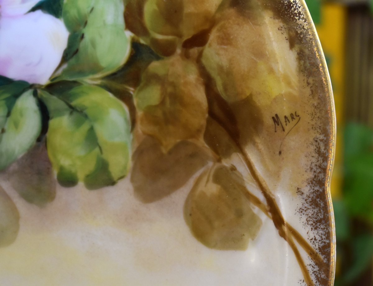 Large Hand-painted Plate, Limoges Porcelain, Bernardaud Manufactory, Landscapes And Flowers-photo-6