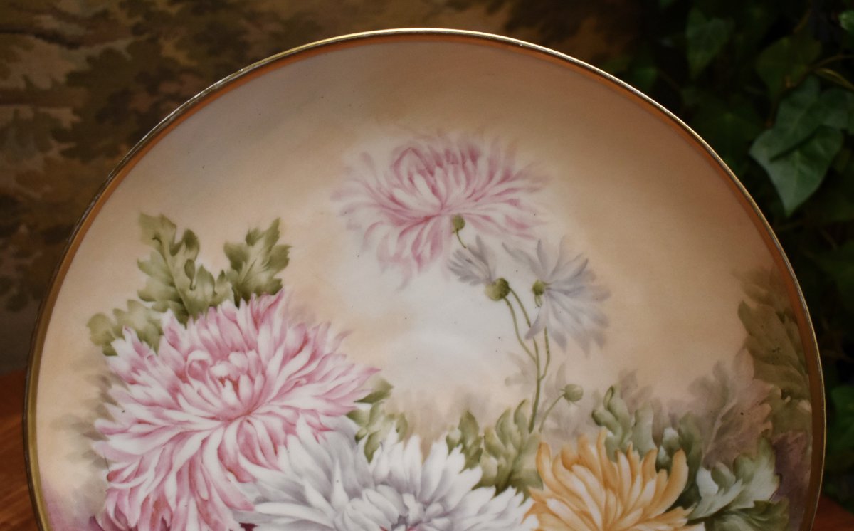 Large Decorative Limoges Porcelain Plate, Hand-painted, Floral Design, Signed By Malinvaud -photo-2
