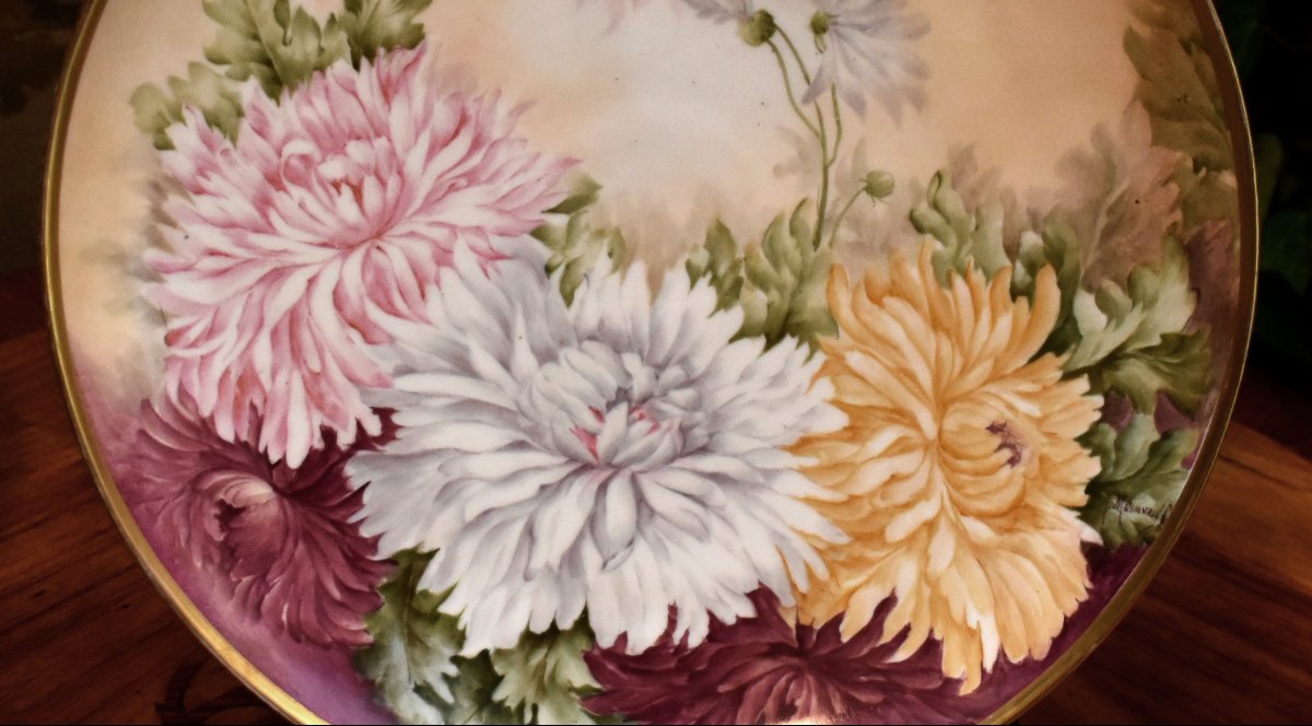 Large Decorative Limoges Porcelain Plate, Hand-painted, Floral Design, Signed By Malinvaud -photo-3