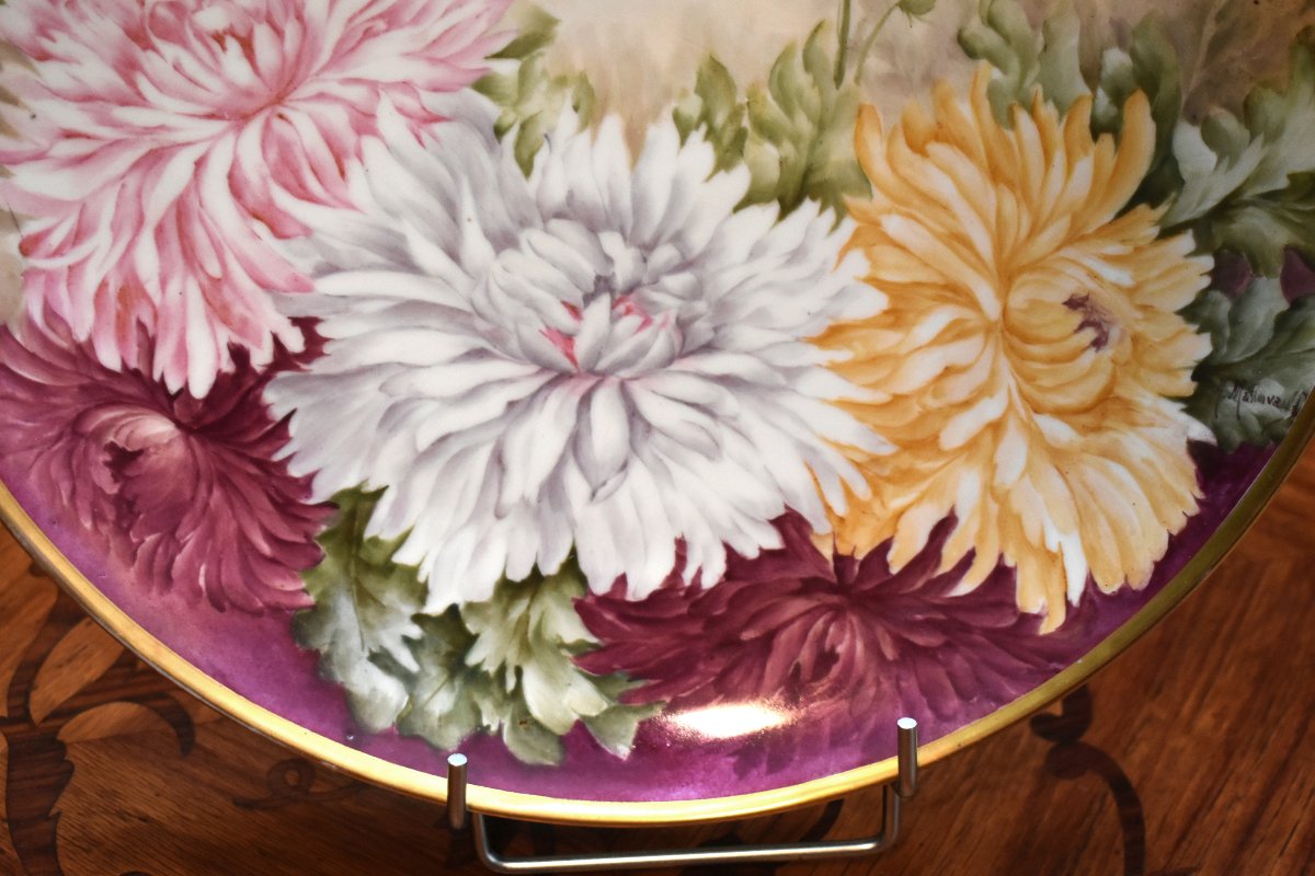 Large Decorative Limoges Porcelain Plate, Hand-painted, Floral Design, Signed By Malinvaud -photo-4