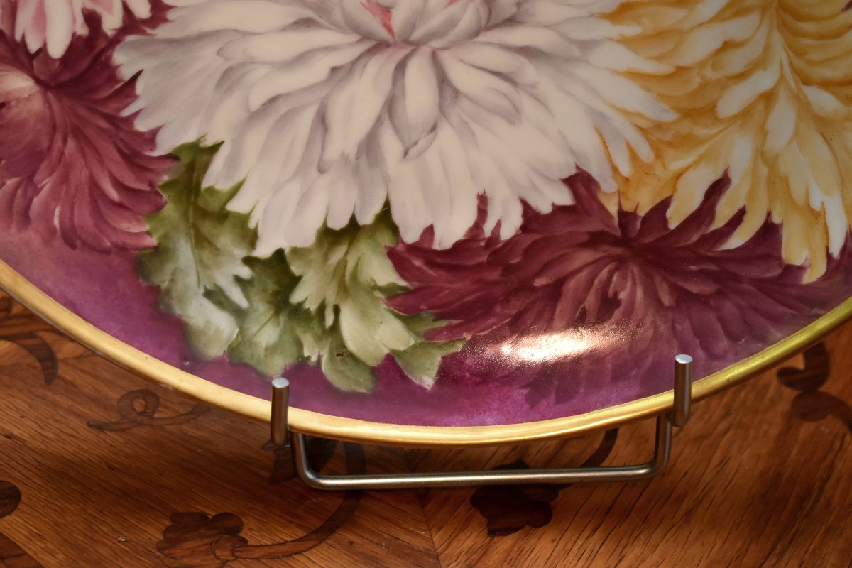 Large Decorative Limoges Porcelain Plate, Hand-painted, Floral Design, Signed By Malinvaud -photo-1