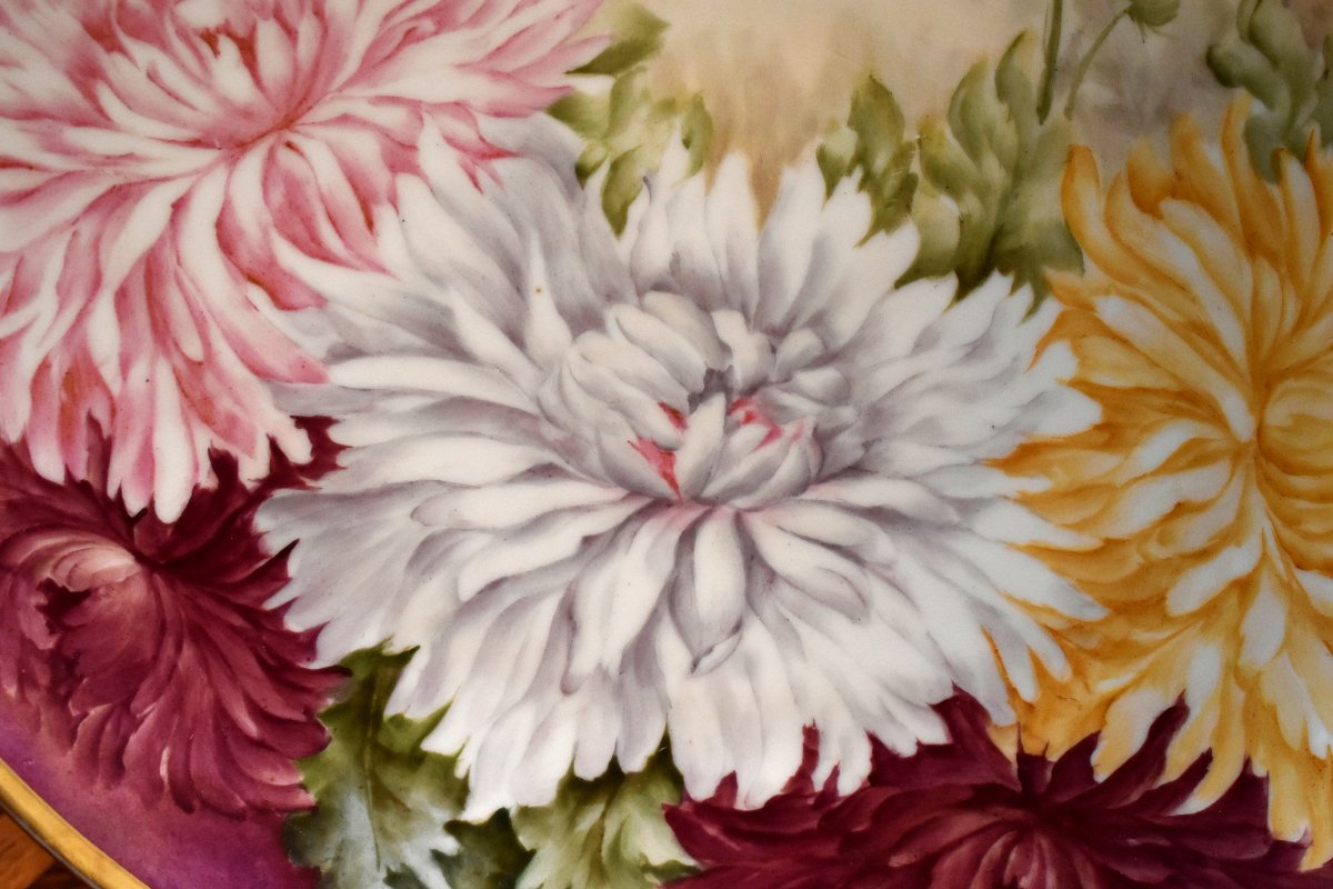 Large Decorative Limoges Porcelain Plate, Hand-painted, Floral Design, Signed By Malinvaud -photo-3