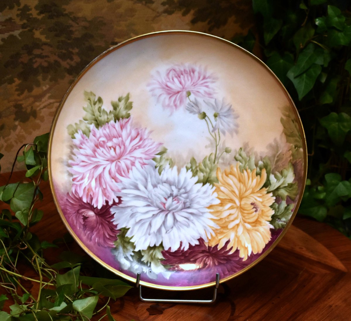 Large Decorative Limoges Porcelain Plate, Hand-painted, Floral Design, Signed By Malinvaud 