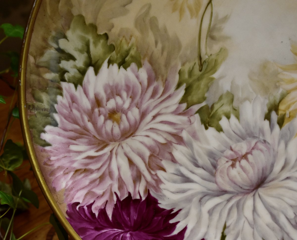 Grand Plat Décoratif En Porcelaine De Limoges Peint à la Main, Décor Floral, Signé Malinvaud -photo-3