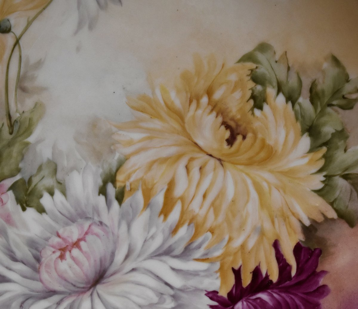 Grand Plat Décoratif En Porcelaine De Limoges Peint à la Main, Décor Floral, Signé Malinvaud -photo-1