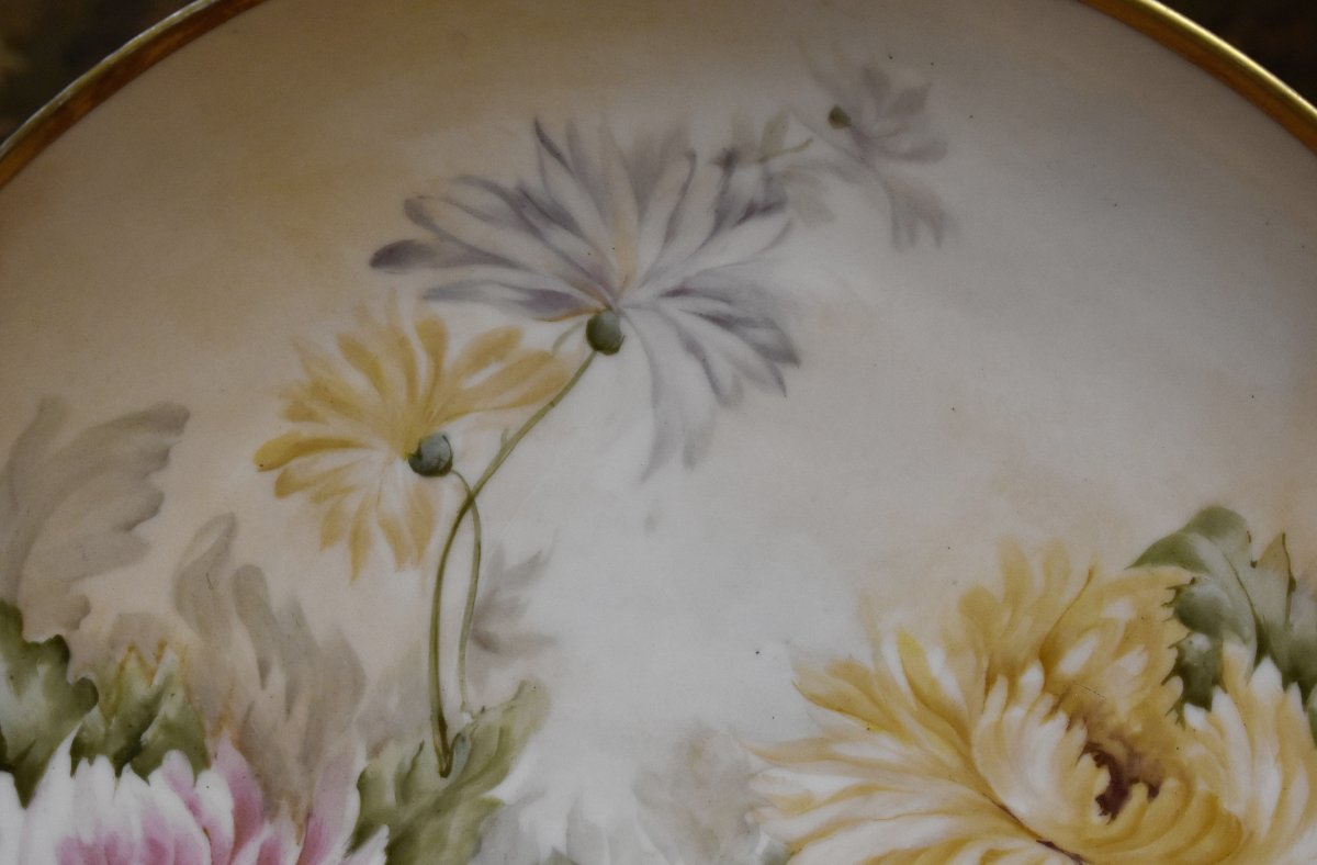 Grand Plat Décoratif En Porcelaine De Limoges Peint à la Main, Décor Floral, Signé Malinvaud -photo-3