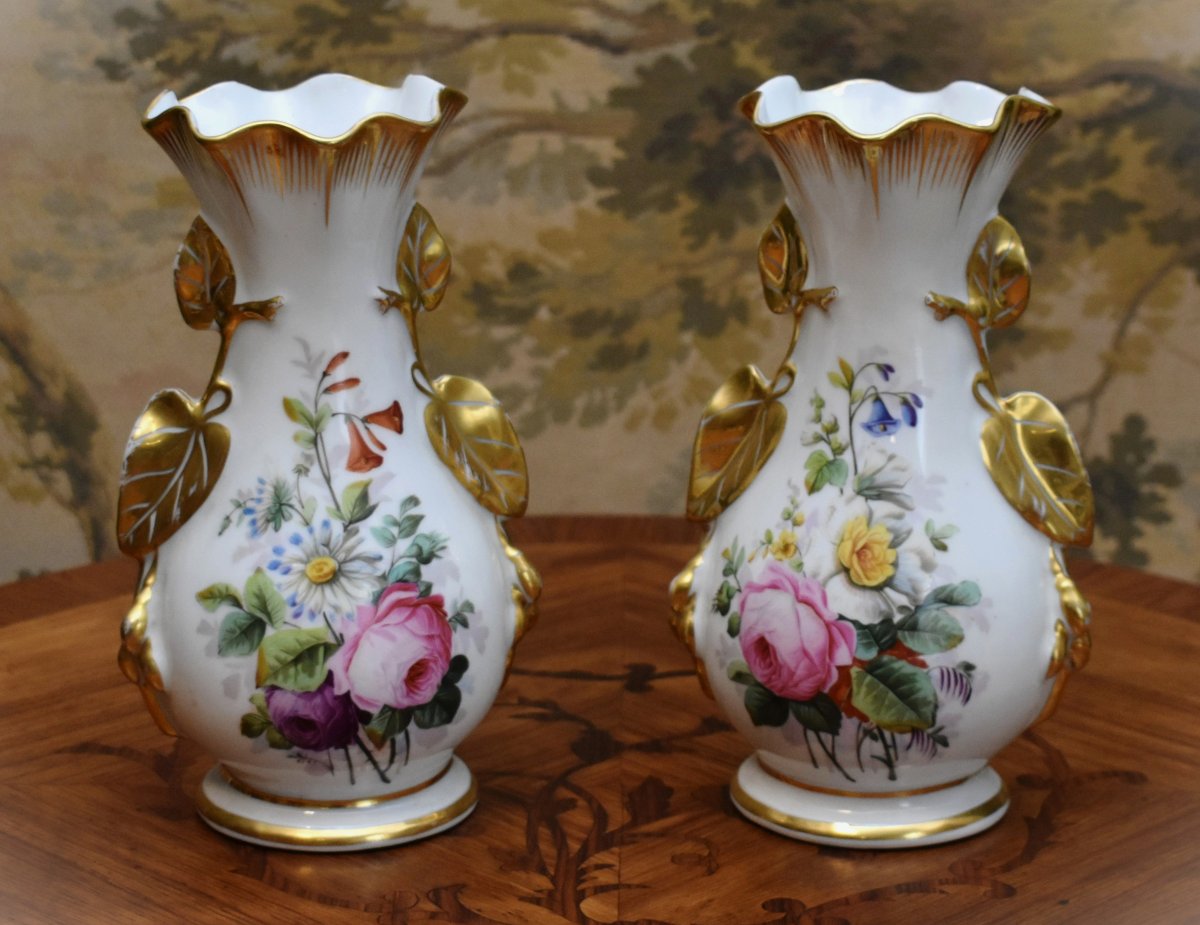 Paire De Vases En Porcelaine De Limoges à Décor Floral Peint à La Main, Fleurs, Roses, Or Fin-photo-2
