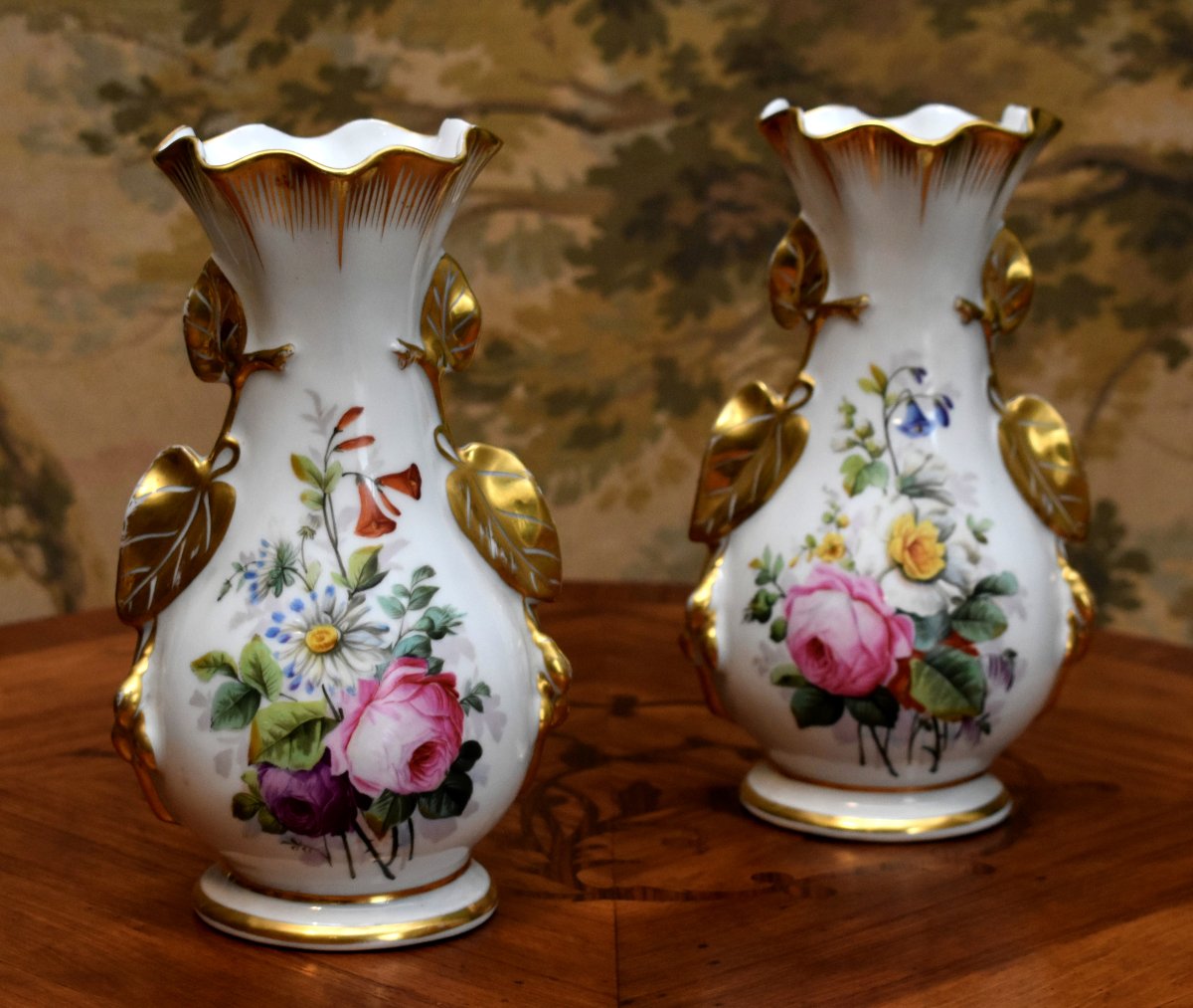 Paire De Vases En Porcelaine De Limoges à Décor Floral Peint à La Main, Fleurs, Roses, Or Fin-photo-3