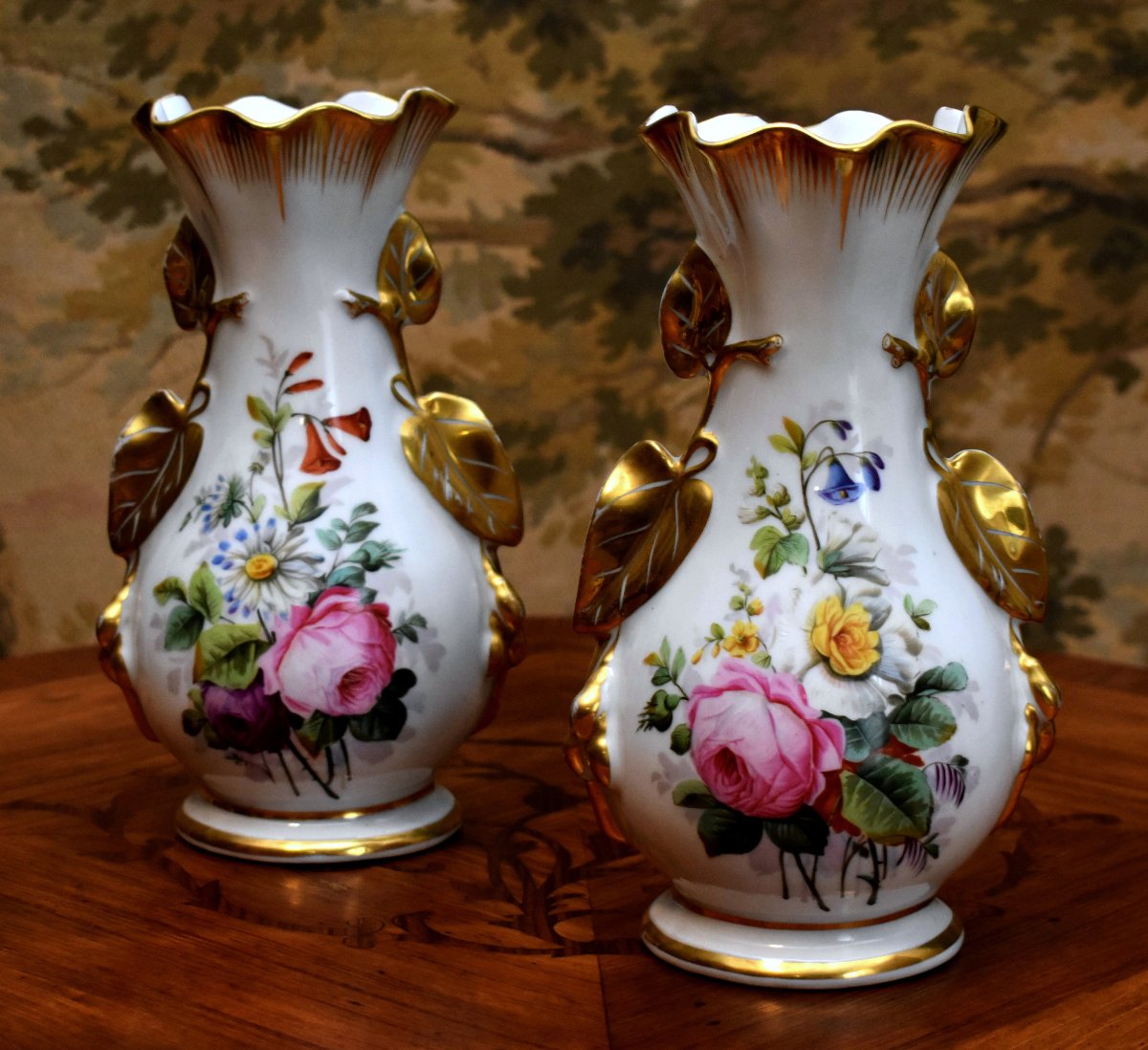 Paire De Vases En Porcelaine De Limoges à Décor Floral Peint à La Main, Fleurs, Roses, Or Fin-photo-4