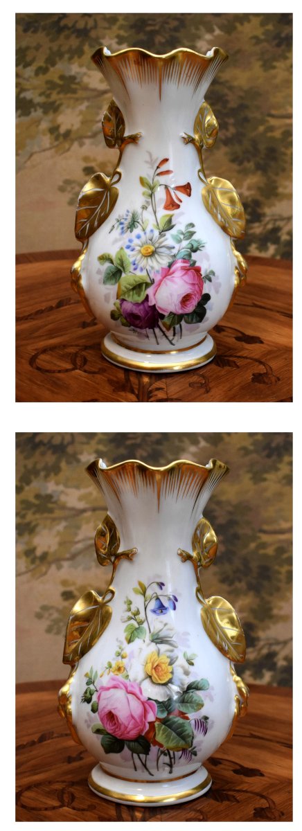 Paire De Vases En Porcelaine De Limoges à Décor Floral Peint à La Main, Fleurs, Roses, Or Fin-photo-2
