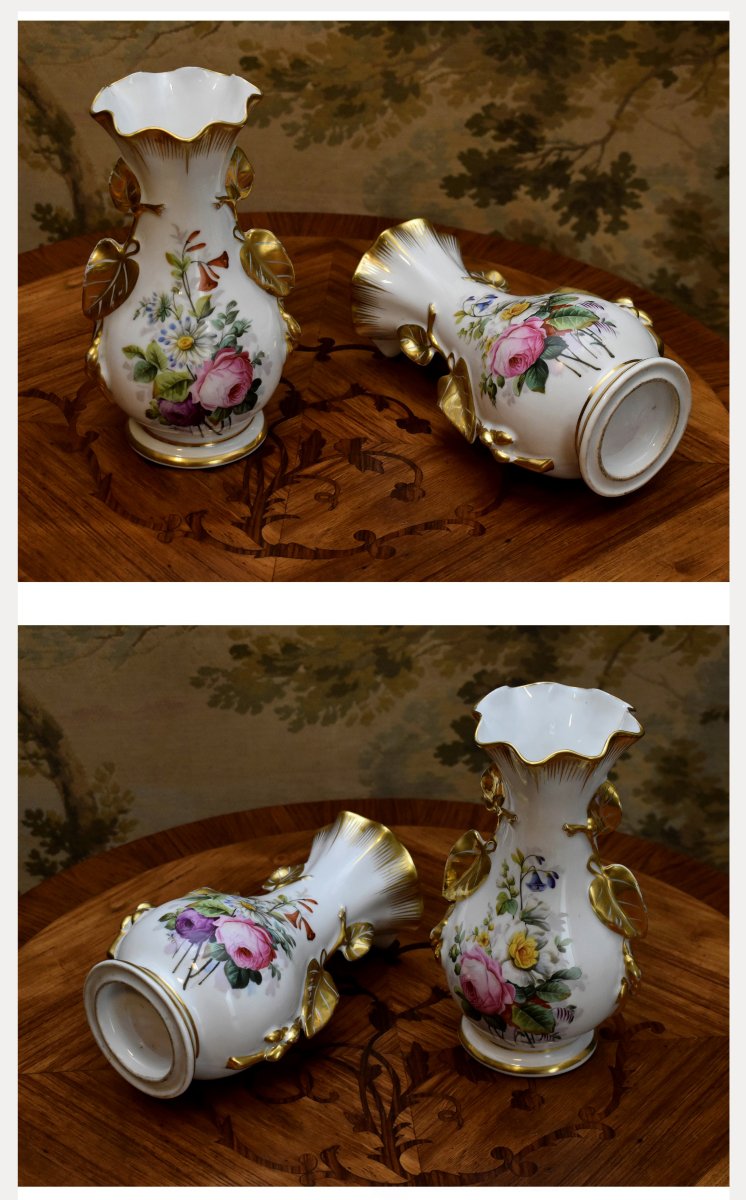 Paire De Vases En Porcelaine De Limoges à Décor Floral Peint à La Main, Fleurs, Roses, Or Fin-photo-3