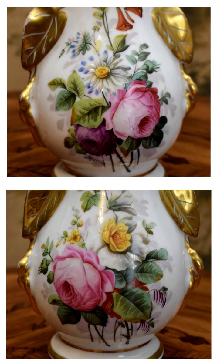 Paire De Vases En Porcelaine De Limoges à Décor Floral Peint à La Main, Fleurs, Roses, Or Fin-photo-5