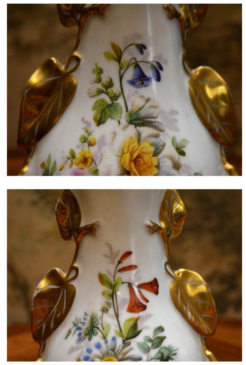 Paire De Vases En Porcelaine De Limoges à Décor Floral Peint à La Main, Fleurs, Roses, Or Fin-photo-7