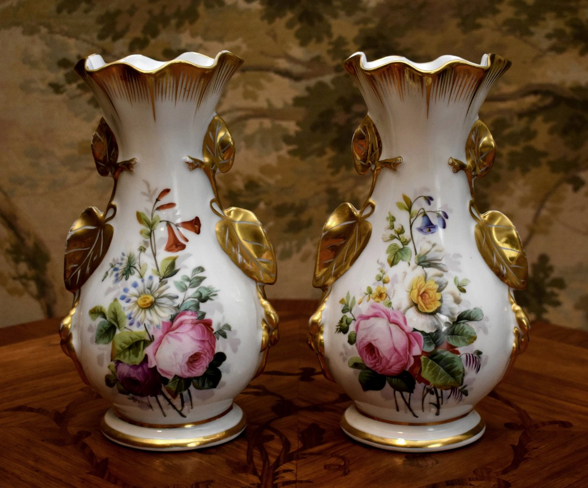 Paire De Vases En Porcelaine De Limoges à Décor Floral Peint à La Main, Fleurs, Roses, Or Fin